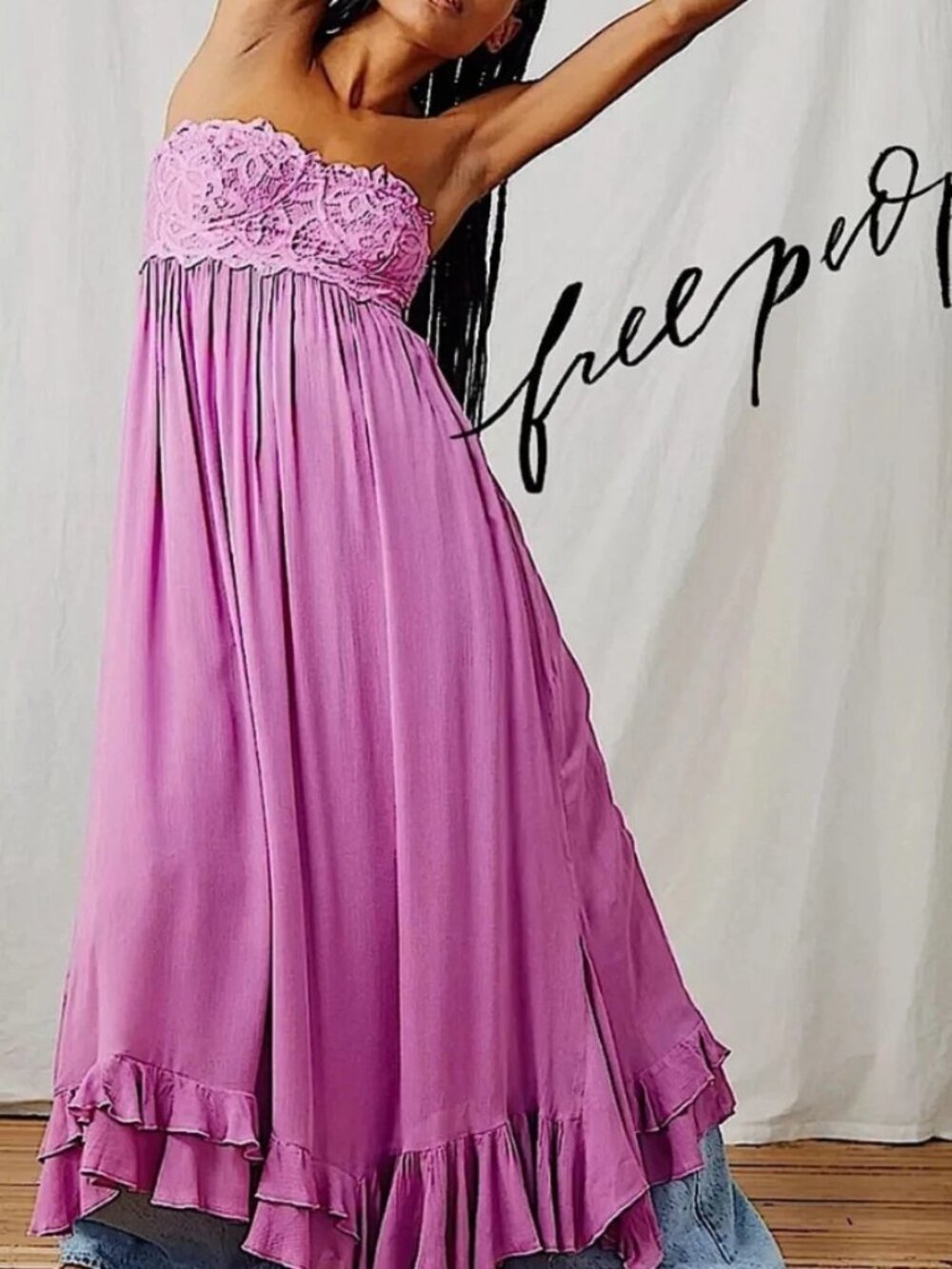 Free People Adella Corset Maxi Dress Purple Lace Ruffle Smocked S